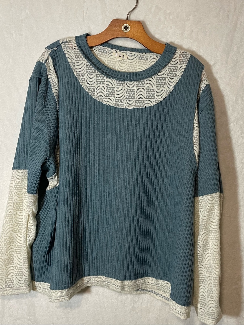 POL Blue Ribbed Long-Sleeve Top with Cream Lace Insets